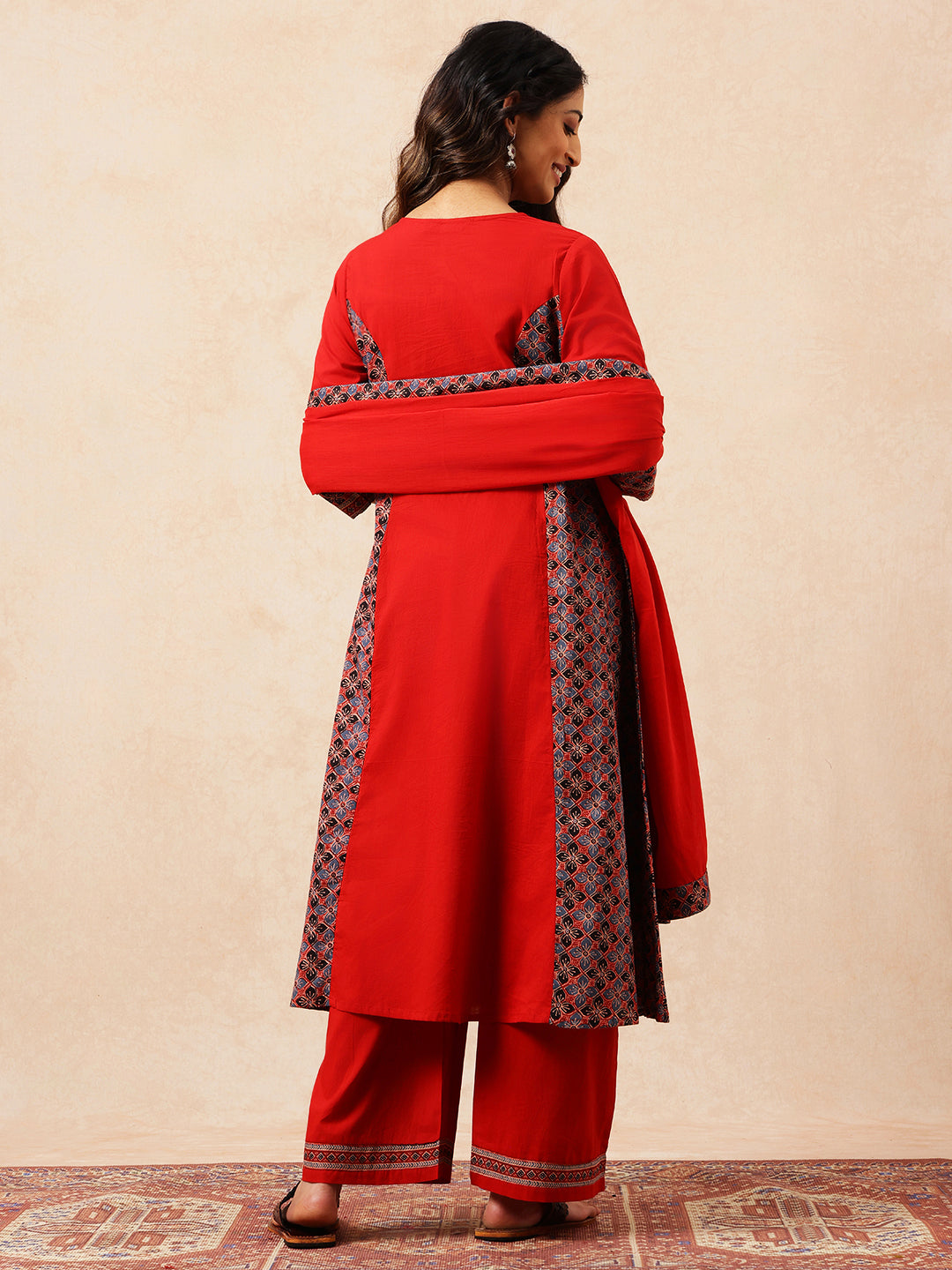Red Solid A-Line Cotton Stitched Kurta, Palazzo With Dupatta