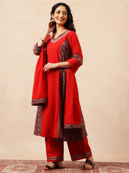 Red Solid A-Line Cotton Stitched Kurta, Palazzo With Dupatta
