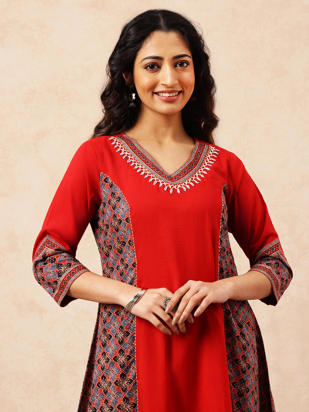 Red Solid A-Line Cotton Stitched Kurta, Palazzo With Dupatta