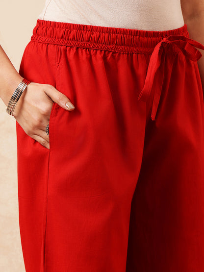 Red Solid A-Line Cotton Stitched Kurta, Palazzo With Dupatta