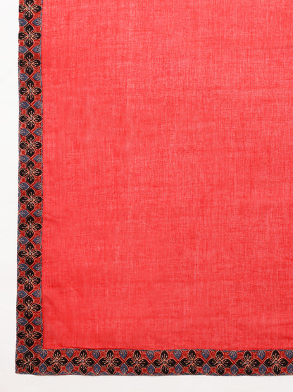 Red Solid A-Line Cotton Stitched Kurta, Palazzo With Dupatta