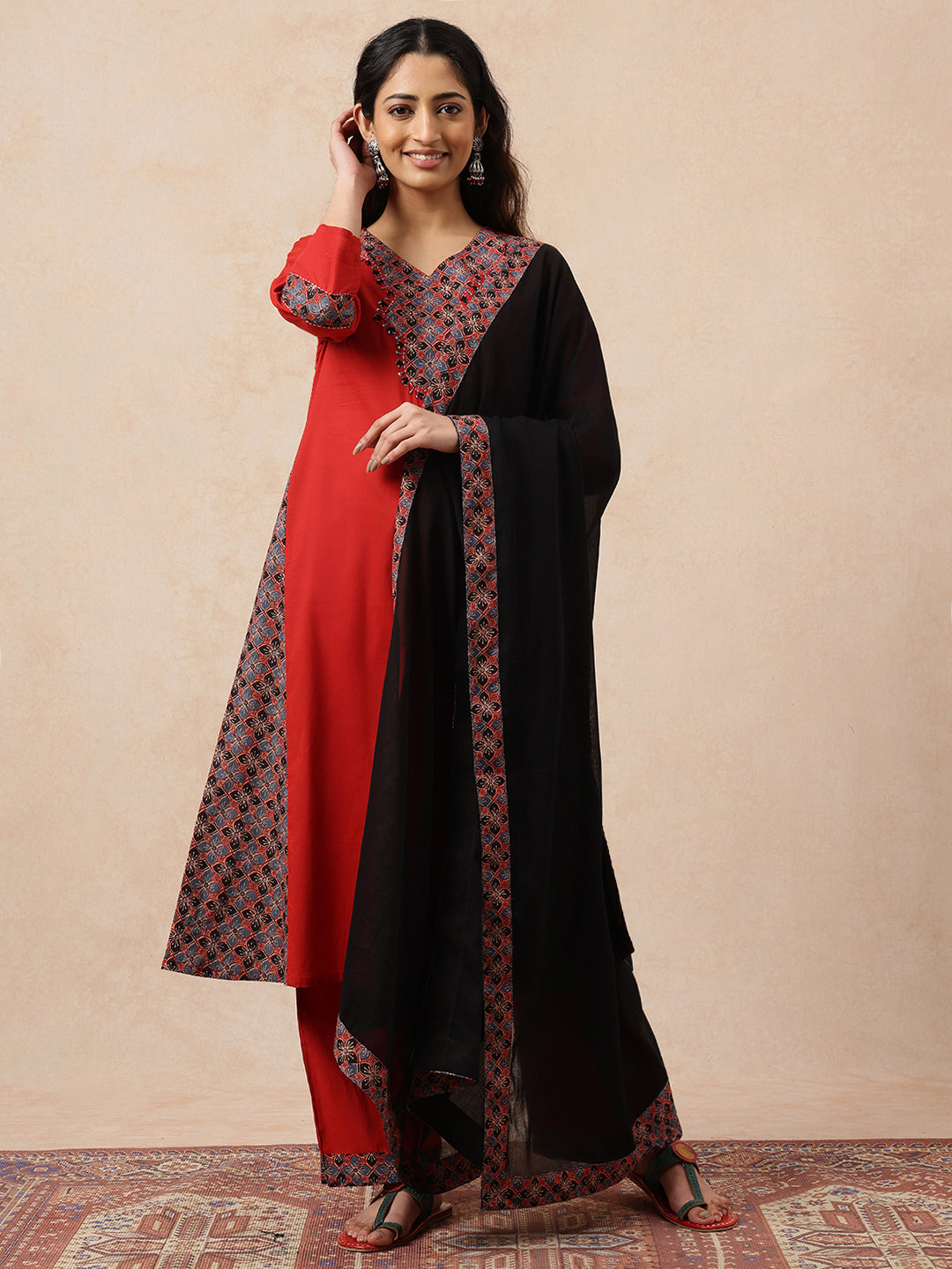 Red & Black Yoke Design  A-Line Cotton Stitched Kurta, Pant With Dupatta