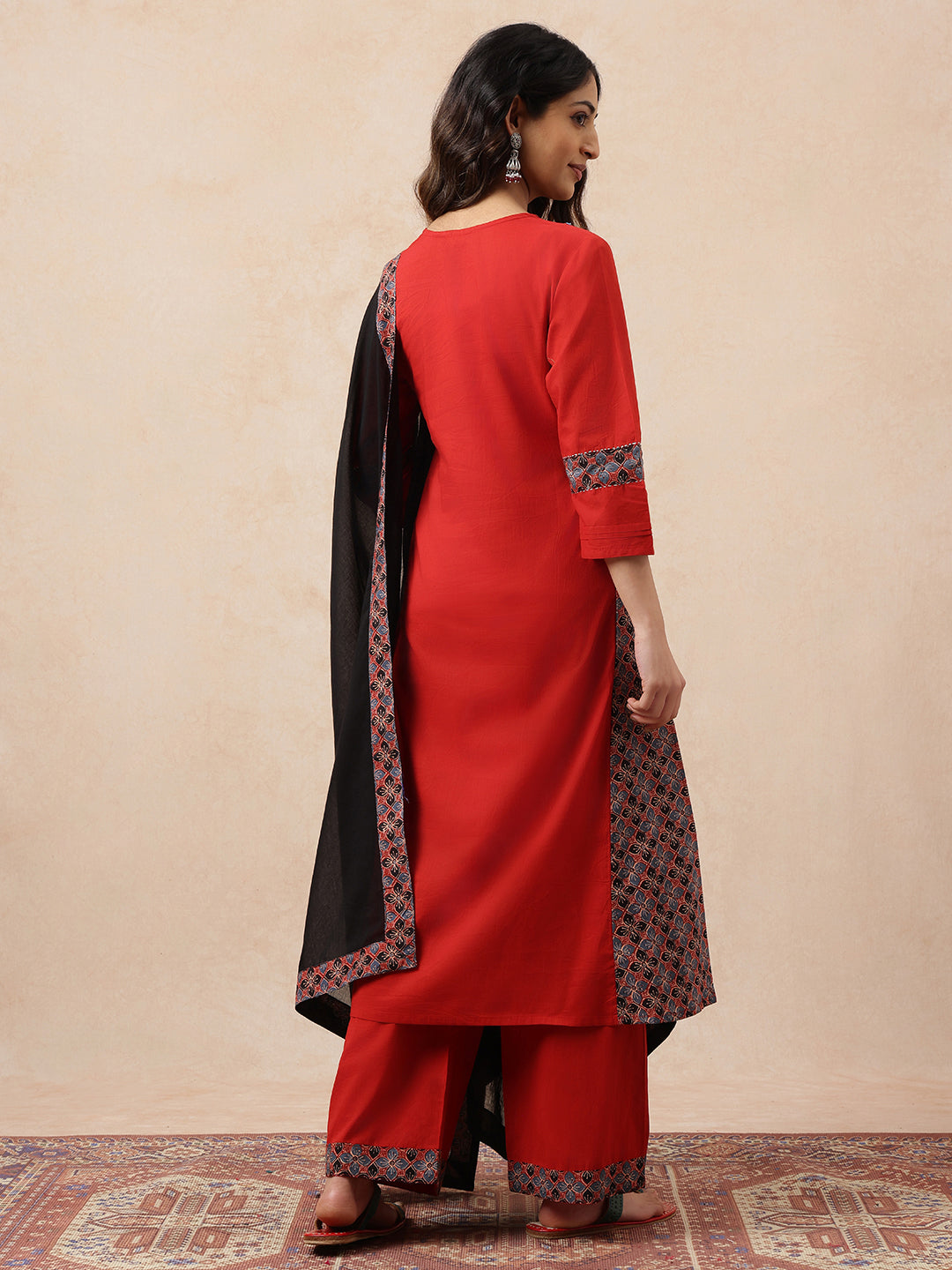 Red & Black Yoke Design  A-Line Cotton Stitched Kurta, Pant With Dupatta