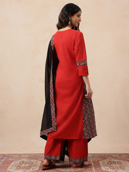 Red & Black Yoke Design  A-Line Cotton Stitched Kurta, Pant With Dupatta