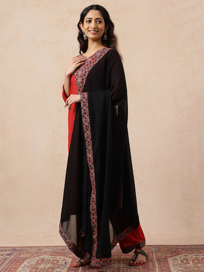 Red & Black Yoke Design  A-Line Cotton Stitched Kurta, Pant With Dupatta