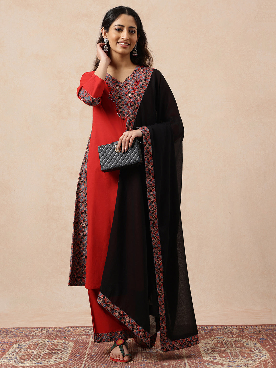 Red & Black Yoke Design  A-Line Cotton Stitched Kurta, Pant With Dupatta