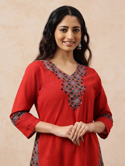 Red & Black Yoke Design  A-Line Cotton Stitched Kurta, Pant With Dupatta