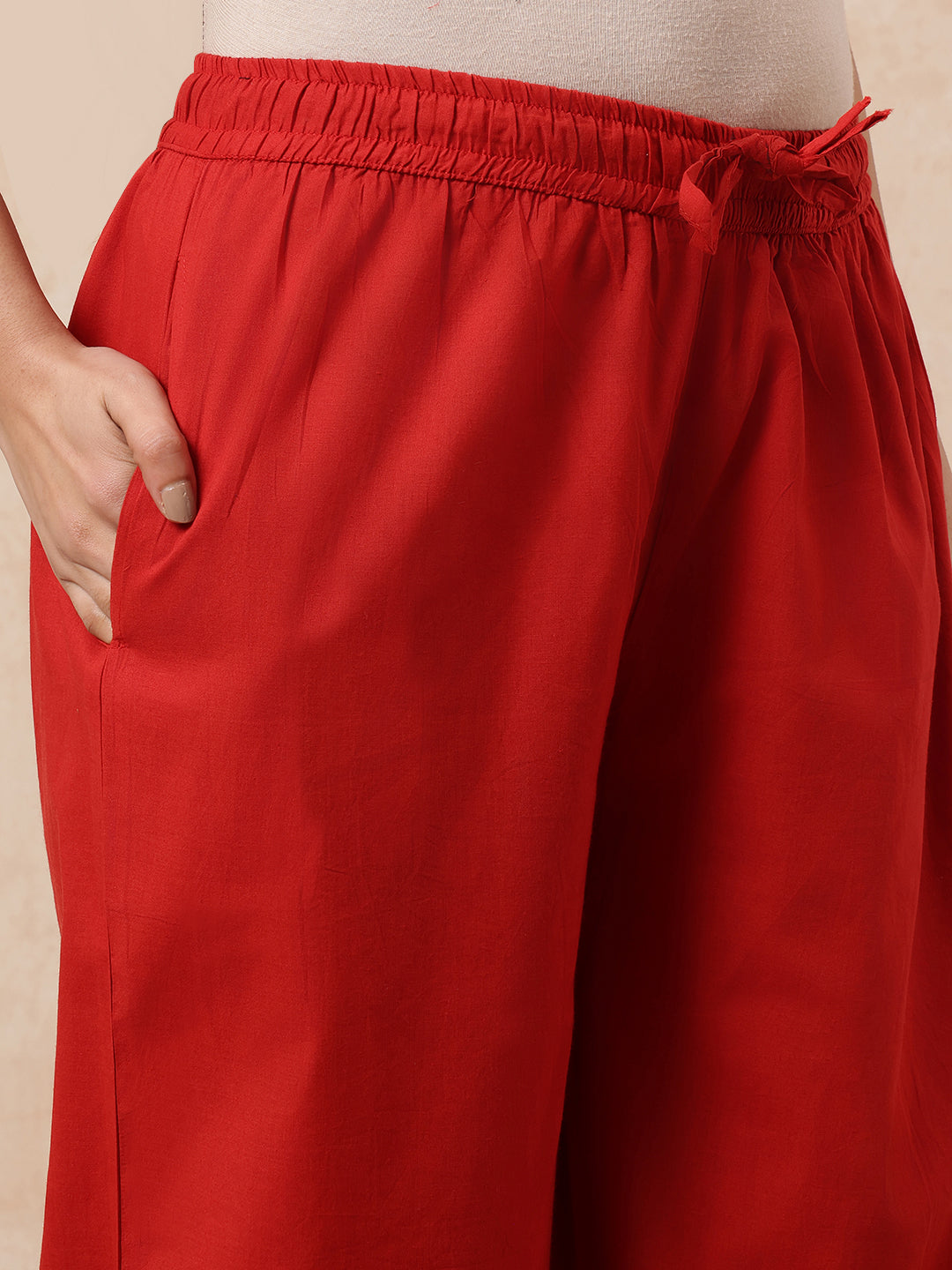 Red & Black Yoke Design  A-Line Cotton Stitched Kurta, Pant With Dupatta