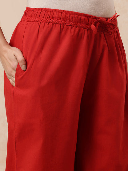 Red & Black Yoke Design  A-Line Cotton Stitched Kurta, Pant With Dupatta