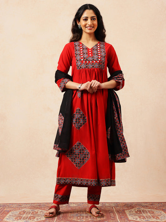 Red & Black Yoke Design A-Line Cotton Stitched Kurta, Palazzo With Dupatta