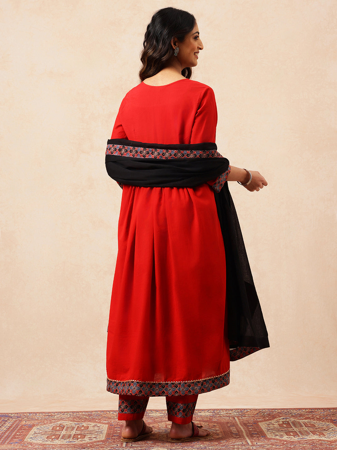 Red & Black Yoke Design A-Line Cotton Stitched Kurta, Palazzo With Dupatta
