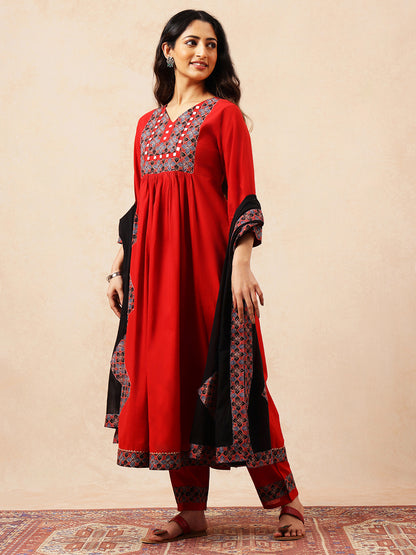 Red & Black Yoke Design A-Line Cotton Stitched Kurta, Palazzo With Dupatta