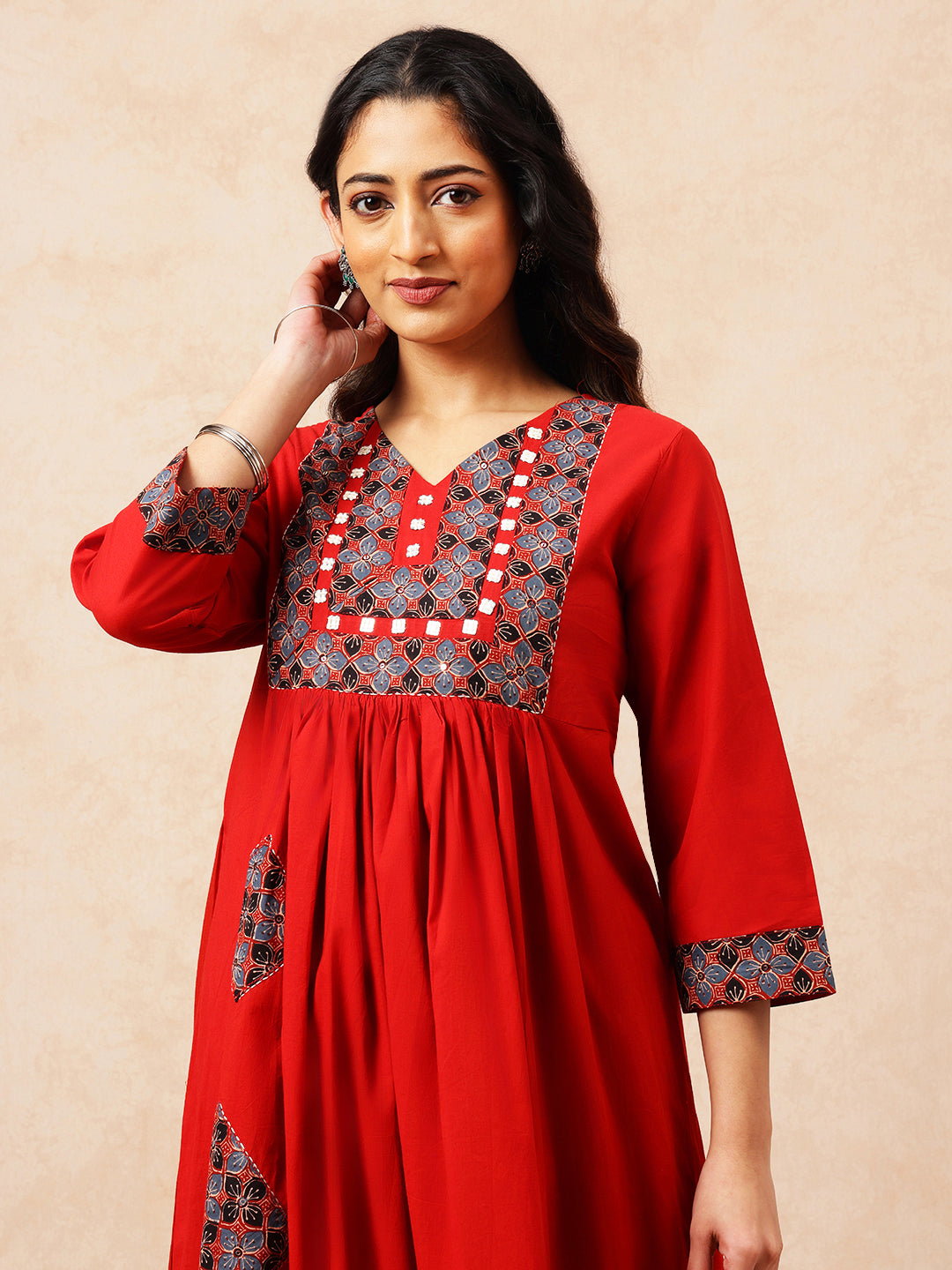 Red & Black Yoke Design A-Line Cotton Stitched Kurta, Palazzo With Dupatta