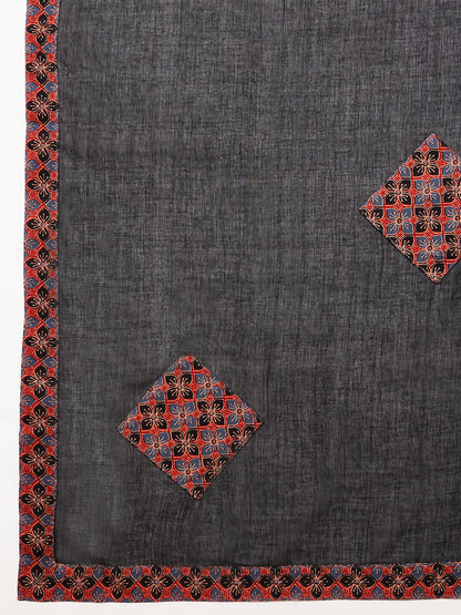 Red & Black Yoke Design A-Line Cotton Stitched Kurta, Palazzo With Dupatta