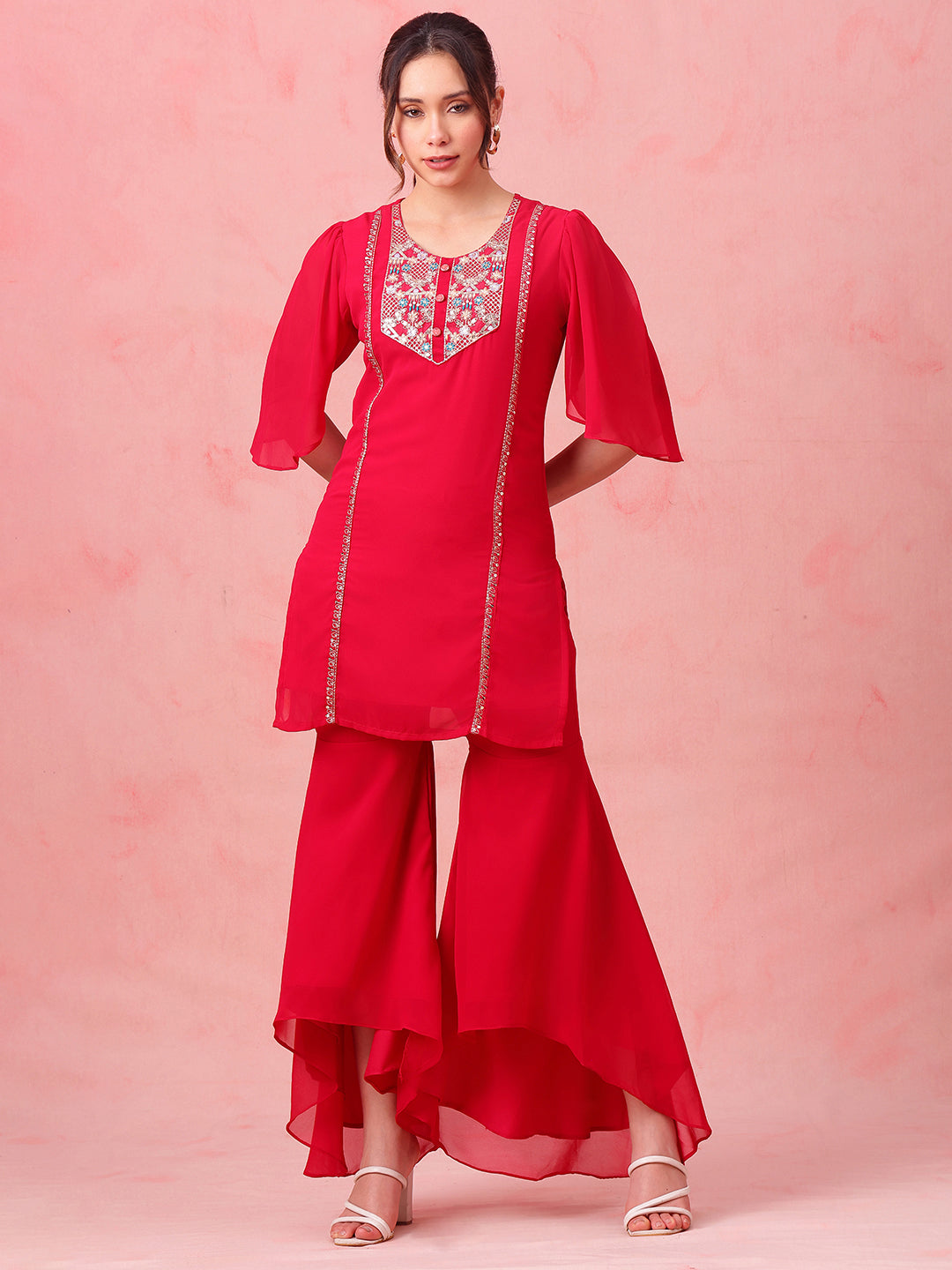 Pink Embroidered Straight Georgette Stitched Top With Sharara
