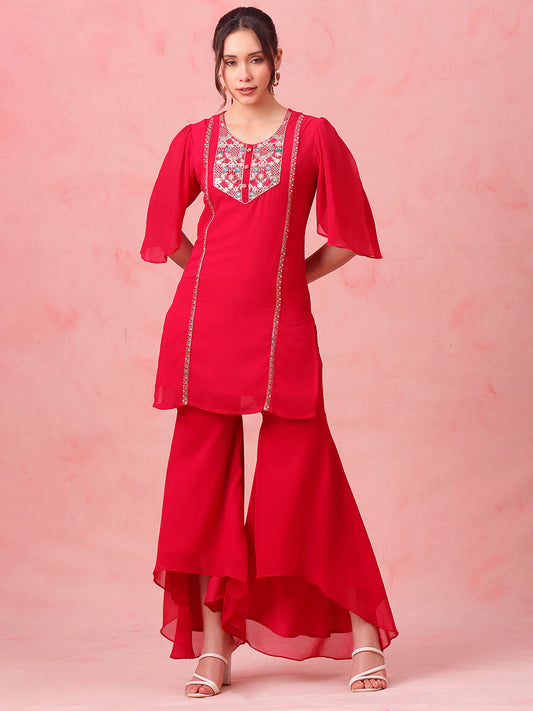 Pink Embroidered Straight Georgette Stitched Top With Sharara