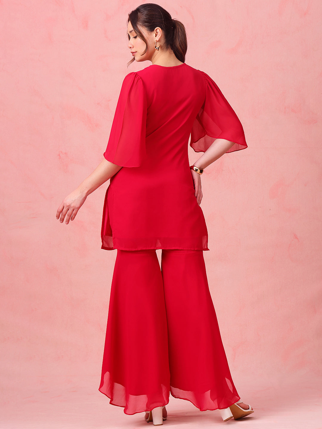 Pink Embroidered Straight Georgette Stitched Top With Sharara