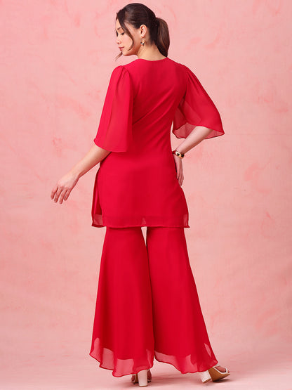 Pink Embroidered Straight Georgette Stitched Top With Sharara
