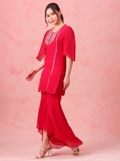 Pink Embroidered Straight Georgette Stitched Top With Sharara