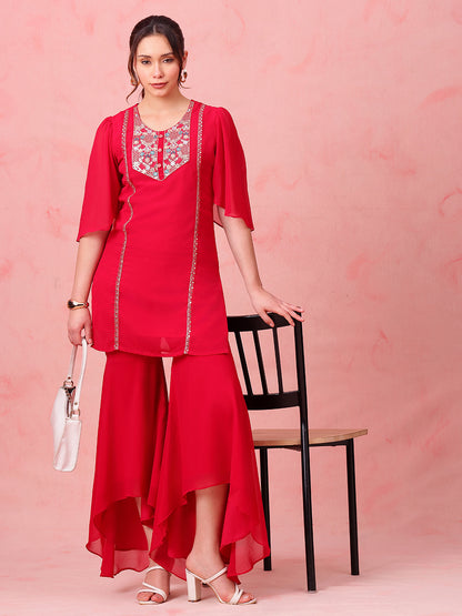 Pink Embroidered Straight Georgette Stitched Top With Sharara