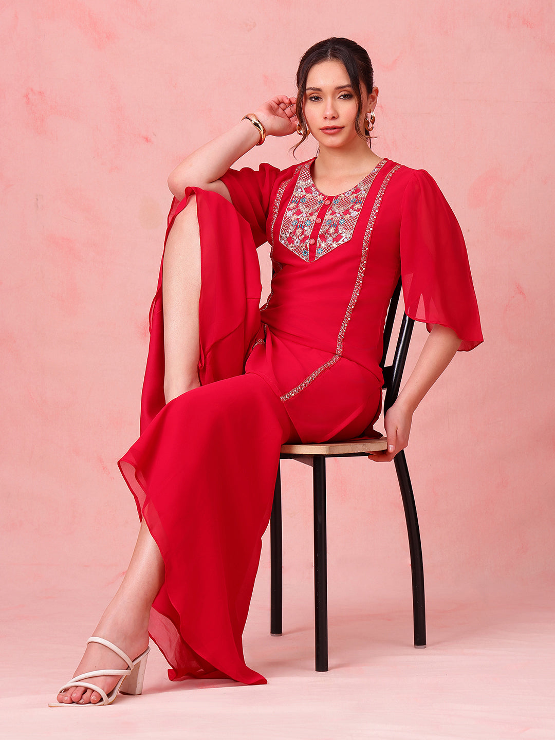 Pink Embroidered Straight Georgette Stitched Top With Sharara