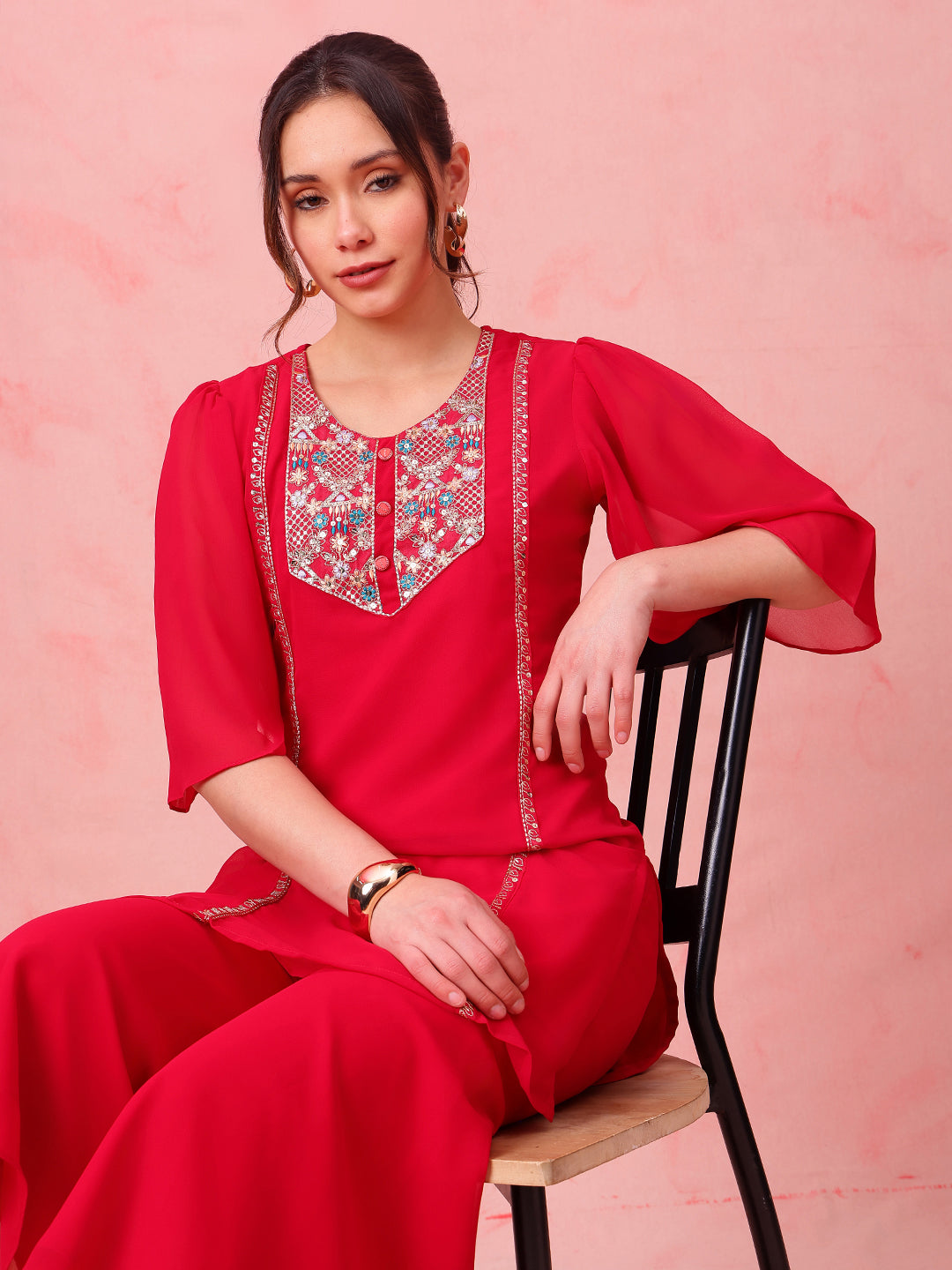 Pink Embroidered Straight Georgette Stitched Top With Sharara