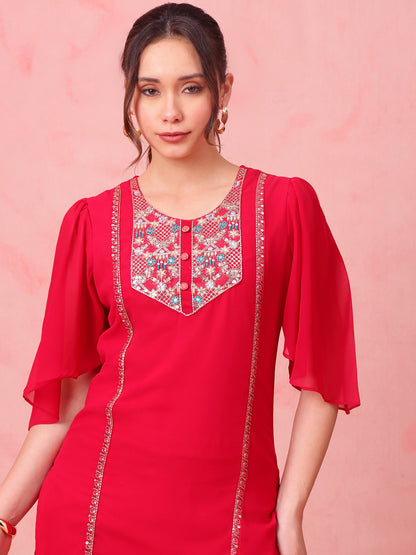 Pink Embroidered Straight Georgette Stitched Top With Sharara