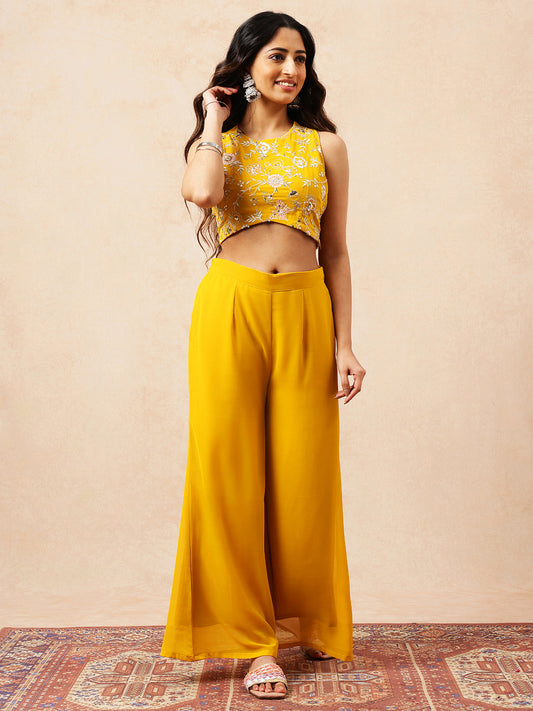 Mustard Floral Straight Georgette Stitched Co-Ord Set