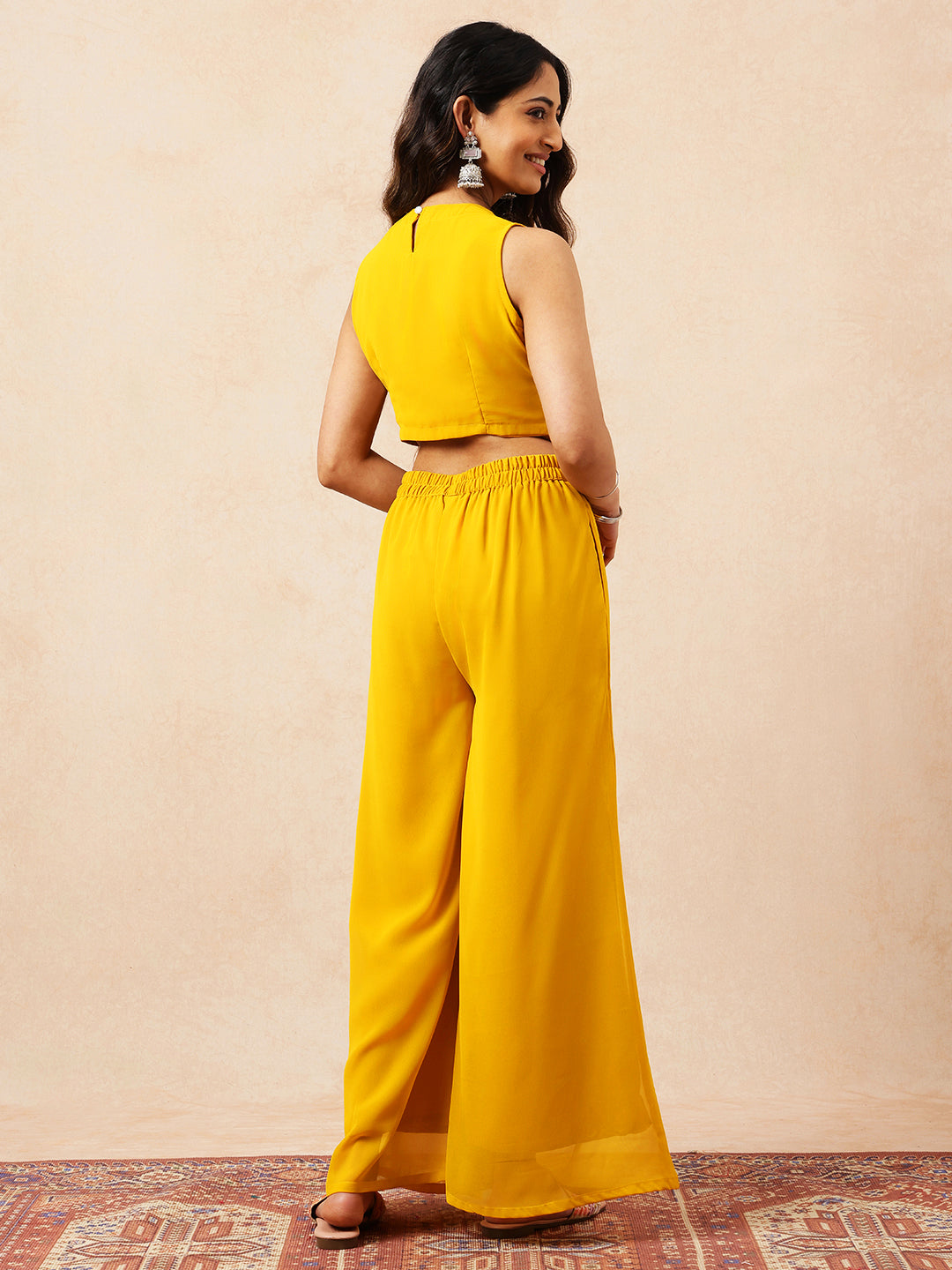 Mustard Floral Straight Georgette Stitched Co-Ord Set