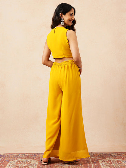 Mustard Floral Straight Georgette Stitched Co-Ord Set