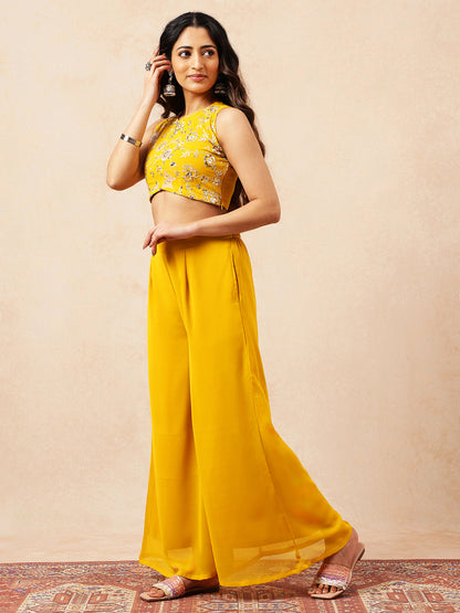 Mustard Floral Straight Georgette Stitched Co-Ord Set