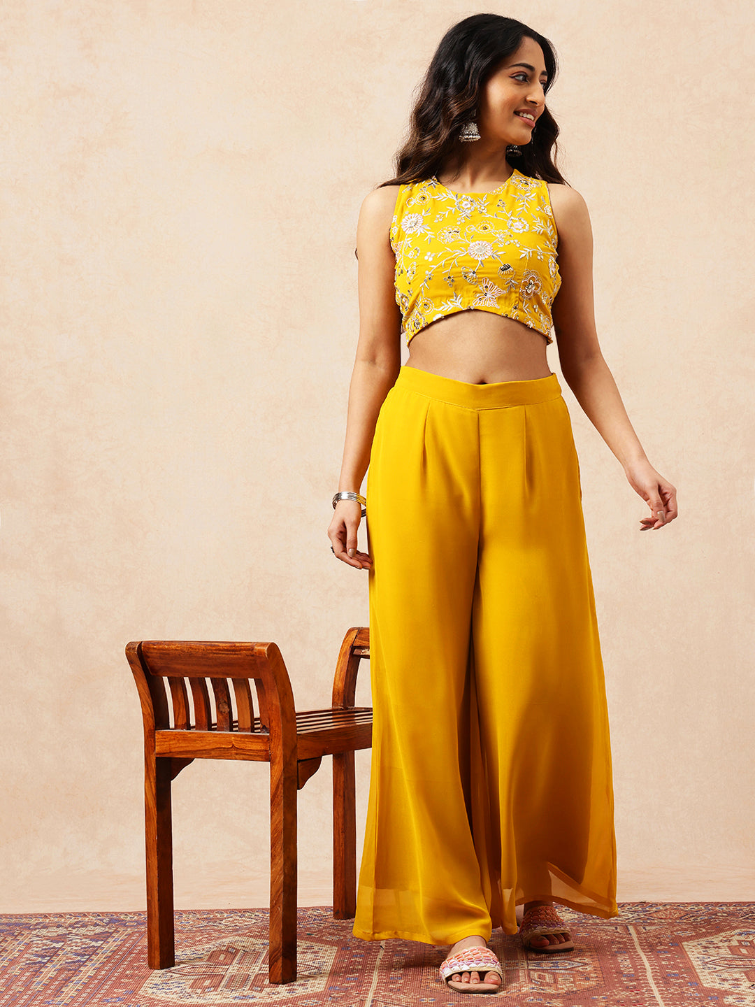 Mustard Floral Straight Georgette Stitched Co-Ord Set