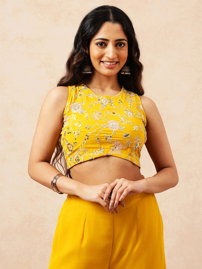 Mustard Floral Straight Georgette Stitched Co-Ord Set
