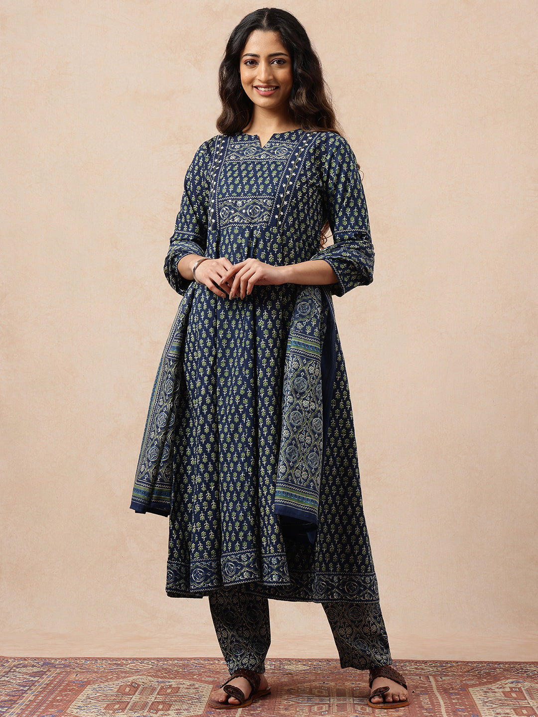 Blue Floral Printed Anarkali Cotton Stitched Kurta, Pant With Dupatta