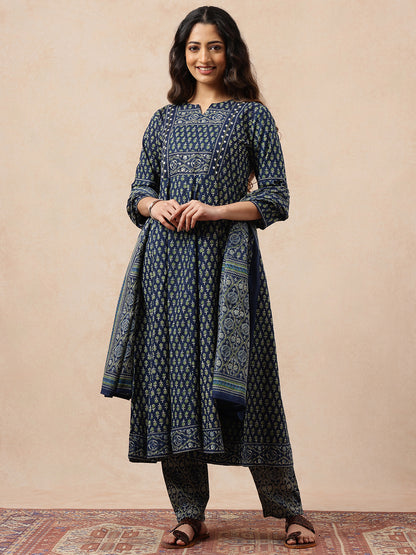 Blue Floral Printed Anarkali Cotton Stitched Kurta, Pant With Dupatta