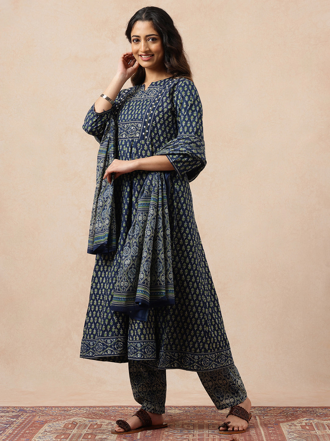 Blue Floral Printed Anarkali Cotton Stitched Kurta, Pant With Dupatta