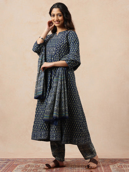 Blue Floral Printed Anarkali Cotton Stitched Kurta, Pant With Dupatta