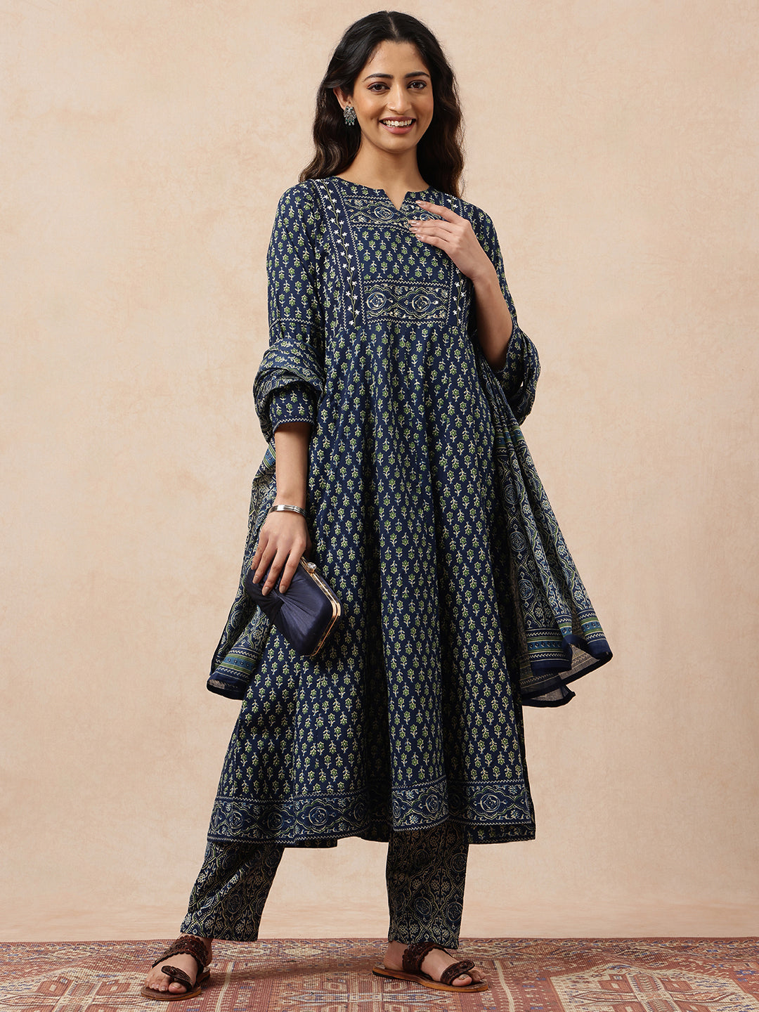 Blue Floral Printed Anarkali Cotton Stitched Kurta, Pant With Dupatta