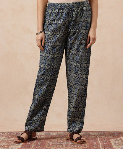 Blue Floral Printed Anarkali Cotton Stitched Kurta, Pant With Dupatta