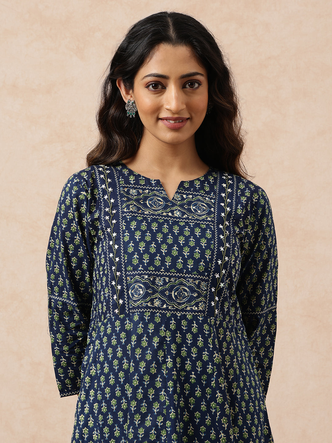 Blue Floral Printed Anarkali Cotton Stitched Kurta, Pant With Dupatta