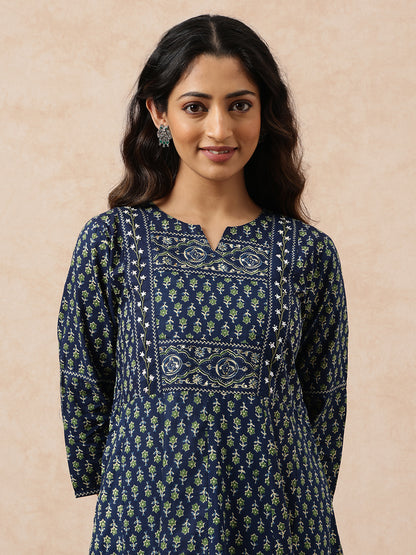 Blue Floral Printed Anarkali Cotton Stitched Kurta, Pant With Dupatta