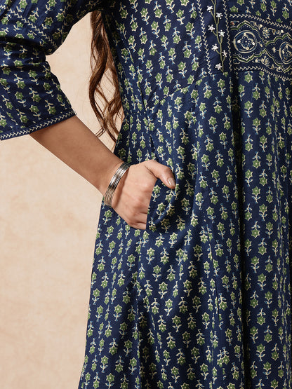 Blue Floral Printed Anarkali Cotton Stitched Kurta, Pant With Dupatta