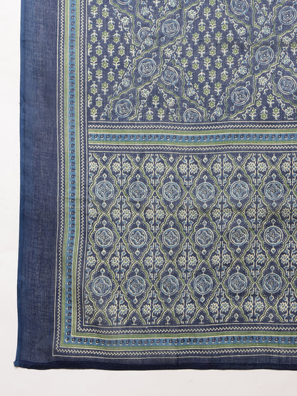 Blue Floral Printed Anarkali Cotton Stitched Kurta, Pant With Dupatta