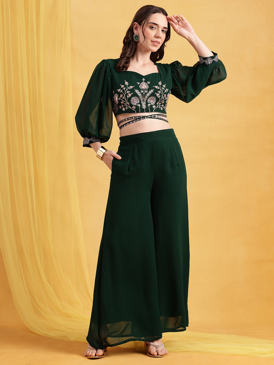 Green Embroidered Crop Top Georgette Stitched Co-Ord Set