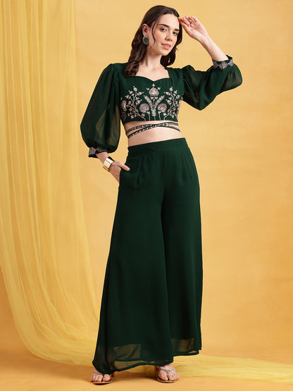 Green Embroidered Crop Top Georgette Stitched Co-Ord Set