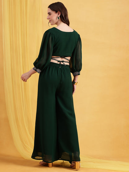 Green Embroidered Crop Top Georgette Stitched Co-Ord Set
