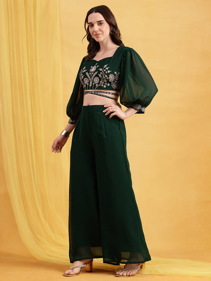 Green Embroidered Crop Top Georgette Stitched Co-Ord Set