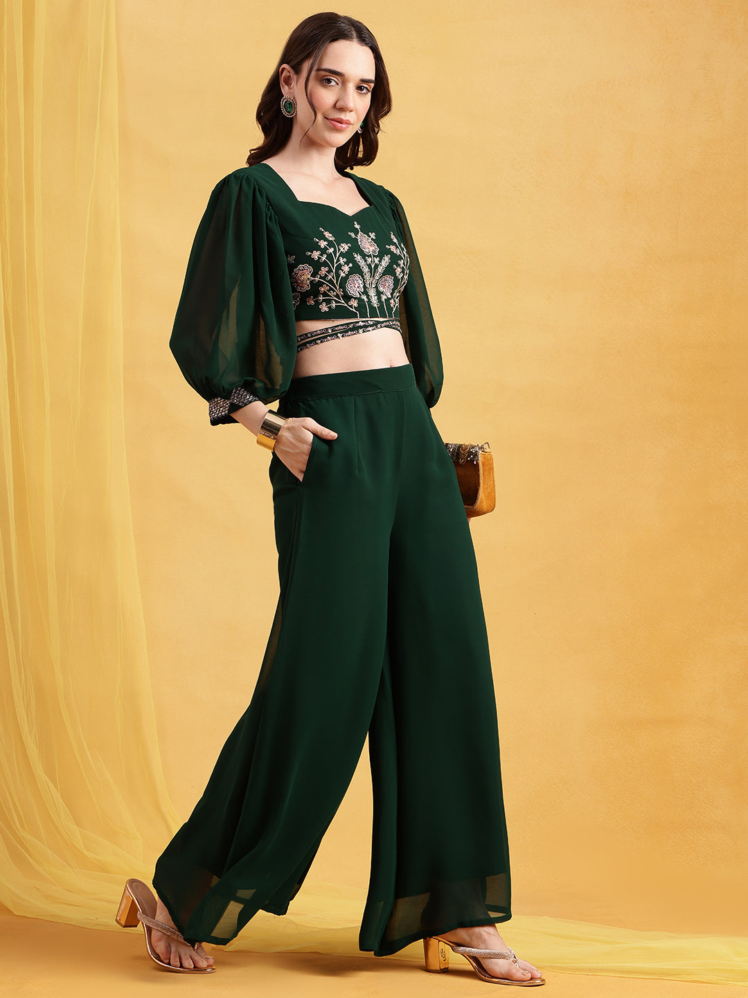 Green Embroidered Crop Top Georgette Stitched Co-Ord Set