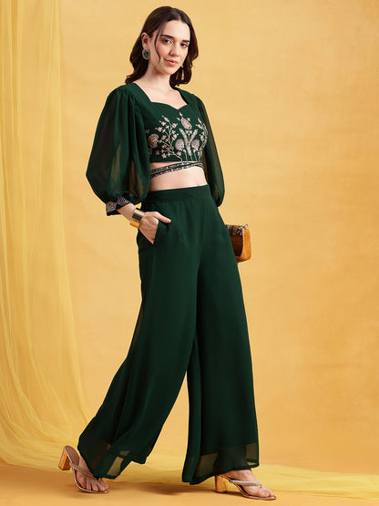 Green Embroidered Crop Top Georgette Stitched Co-Ord Set