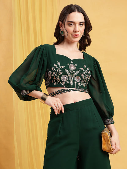 Green Embroidered Crop Top Georgette Stitched Co-Ord Set